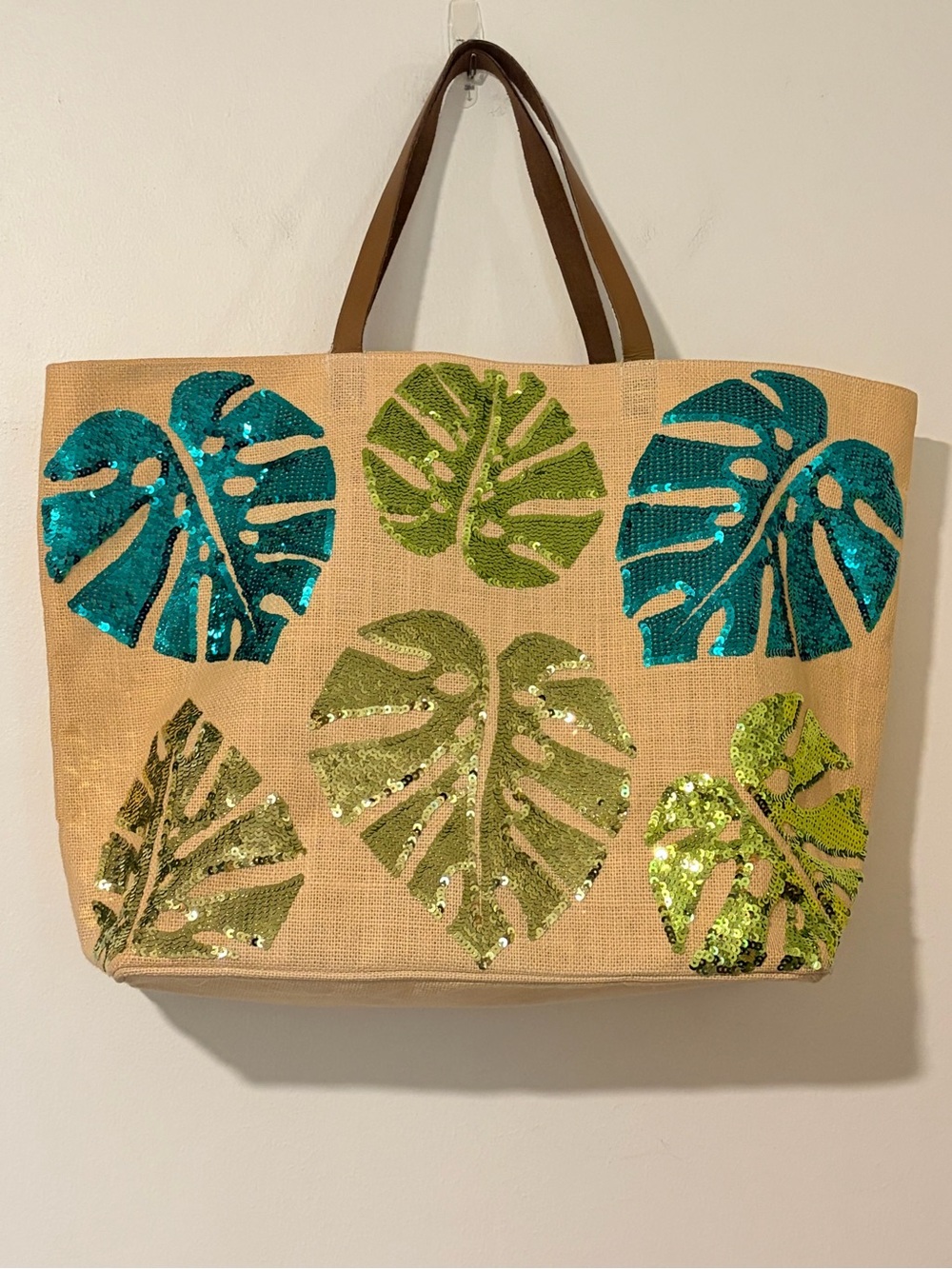 Mud Pie Canvas Tote with Teal and Lime Sequin Monstera Leaves